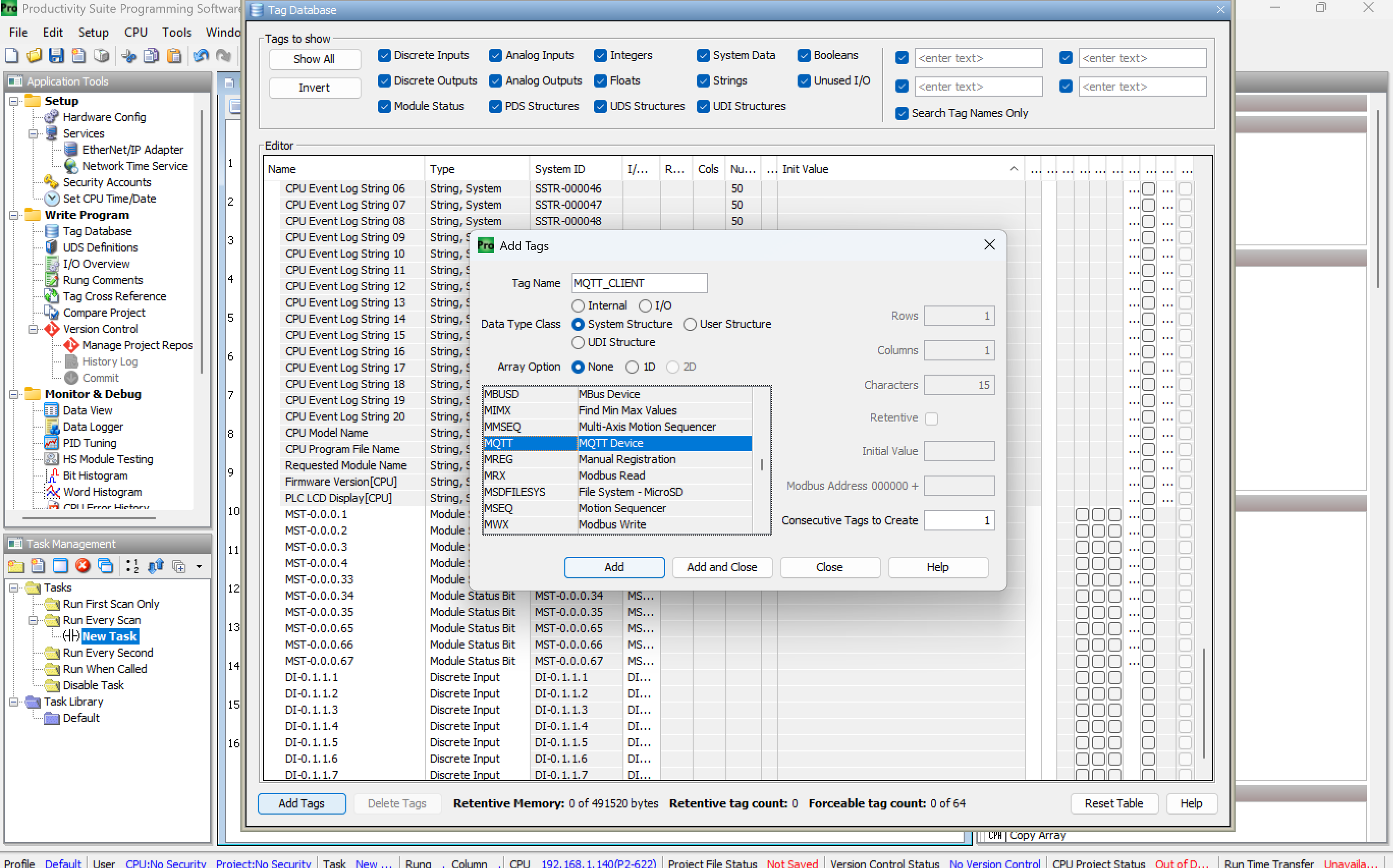Add Tag dialog with MQTT_Client structure