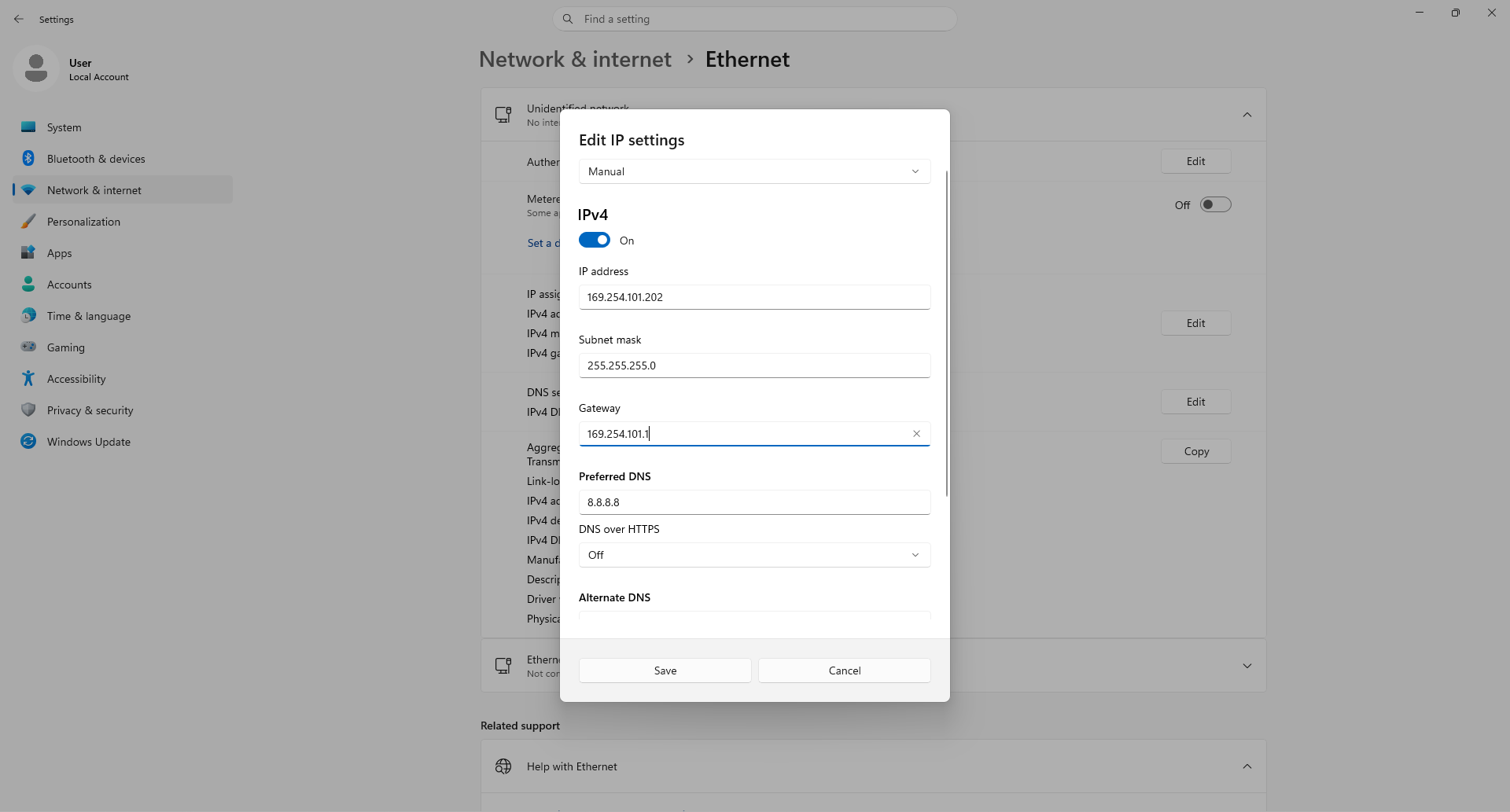 Edit IP settings dialog set to Manual with the 169.254.101.202 values