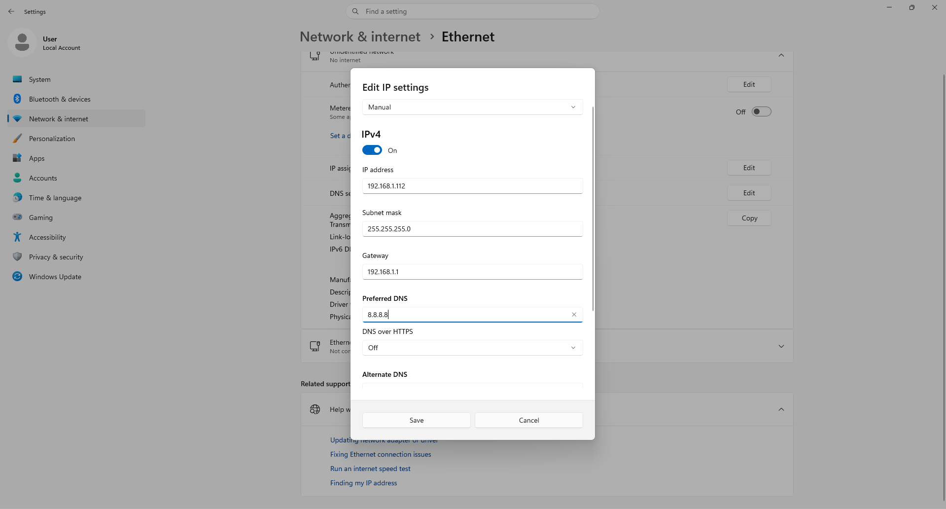Edit IP settings dialog set to the production 192.168.1.112 values