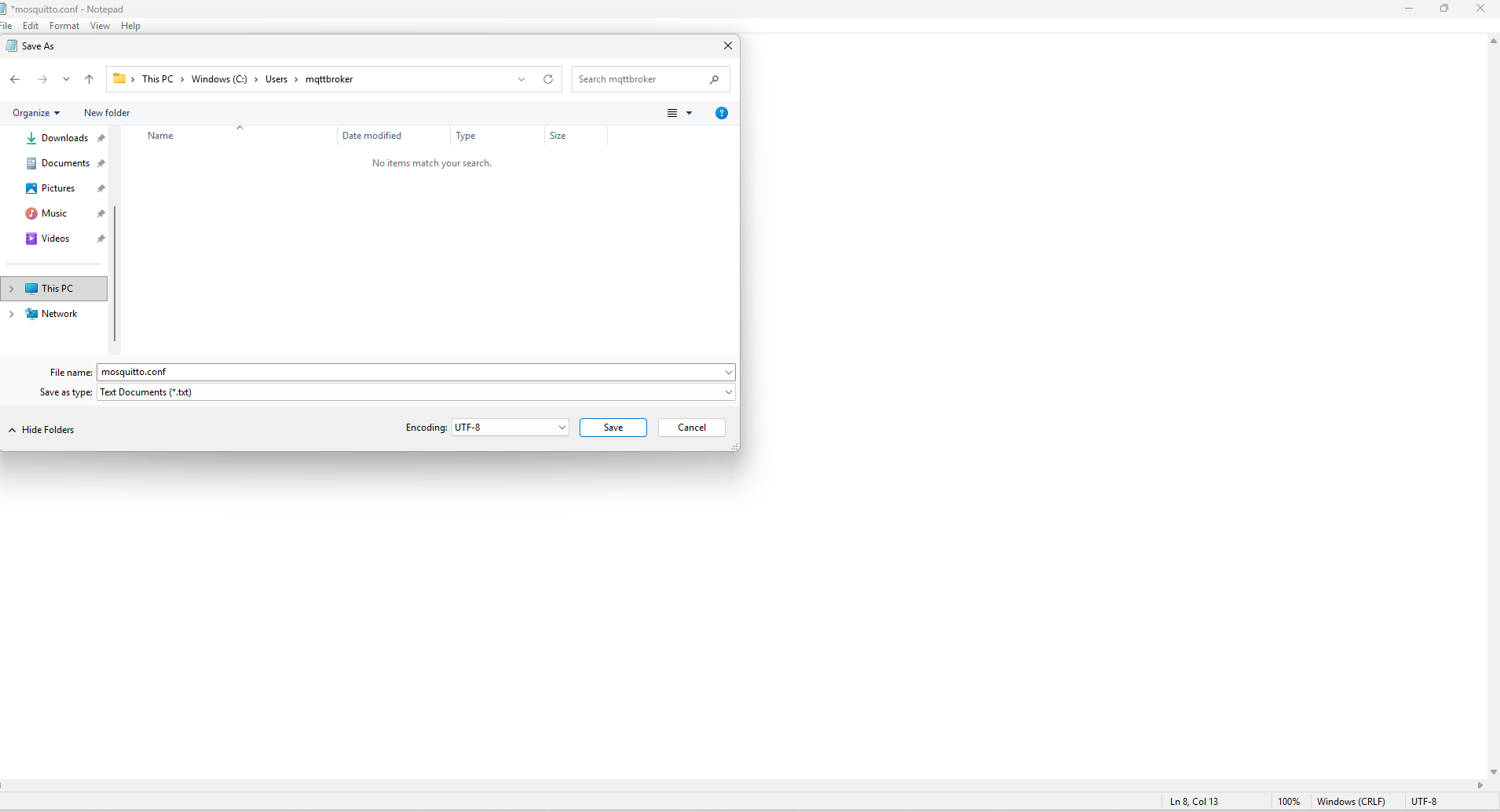 Notepad Save As dialog saving mosquitto.conf into the mqttbroker folder