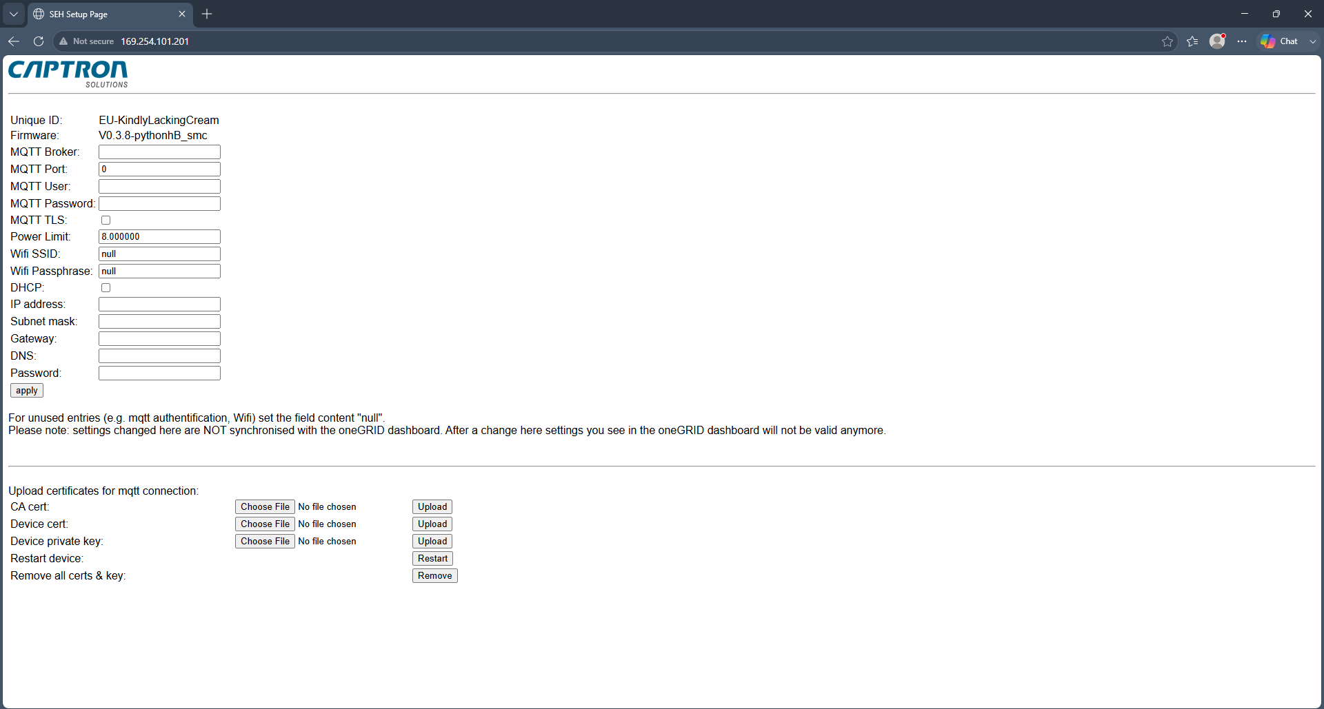 SEH201 webserver configuration page on first boot