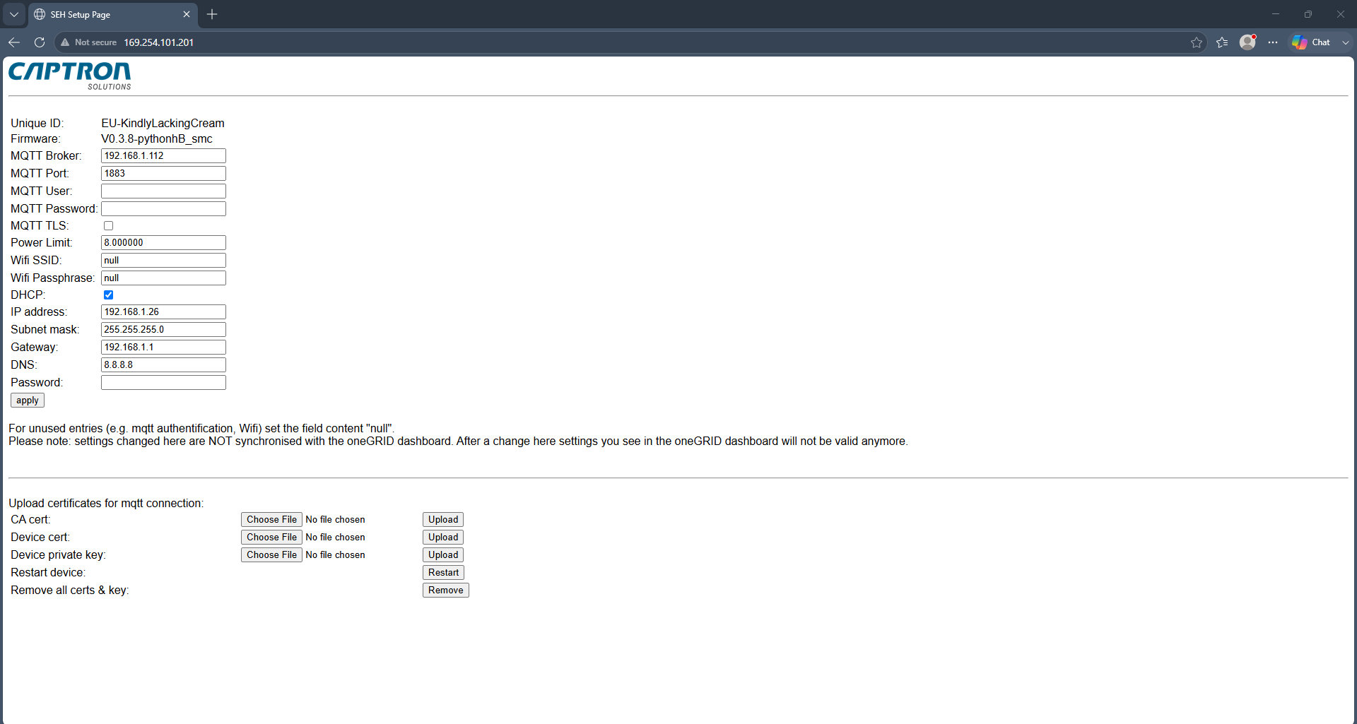 SEH201 webserver with broker and network settings filled in