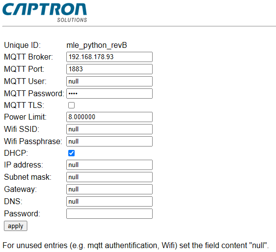CAPTRON SOLUTIONS web setup page showing the unique ID, MQTT broker, port, user, password, TLS, power limit, WiFi, DHCP and static IP fields with an apply button