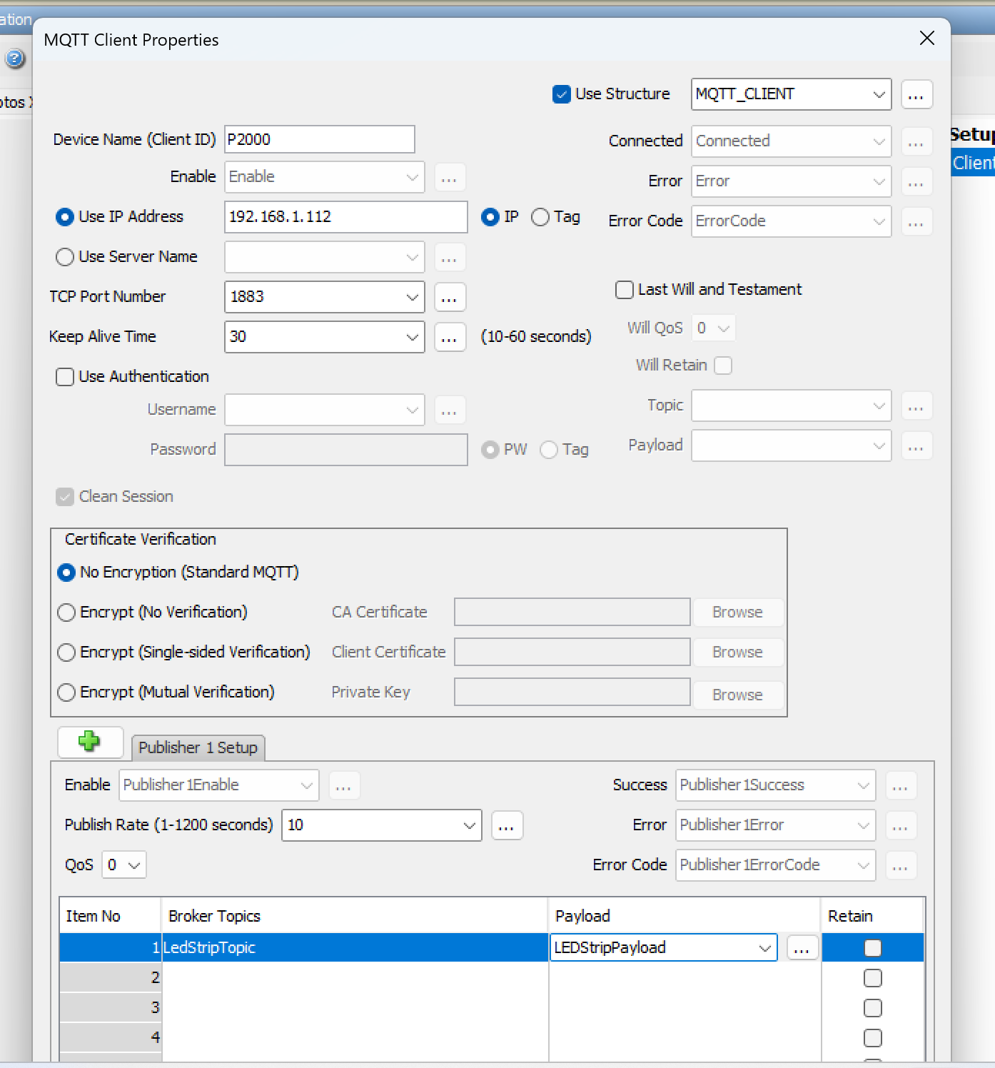 Publisher added with Topic and Payload tags