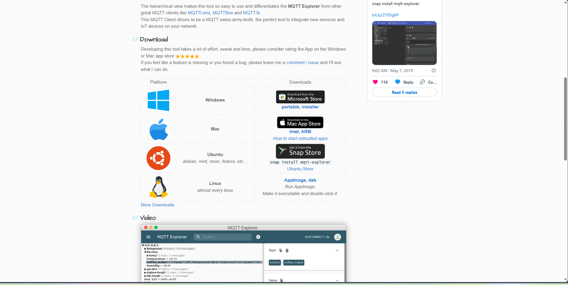 MQTT Explorer download page with the Windows installer option