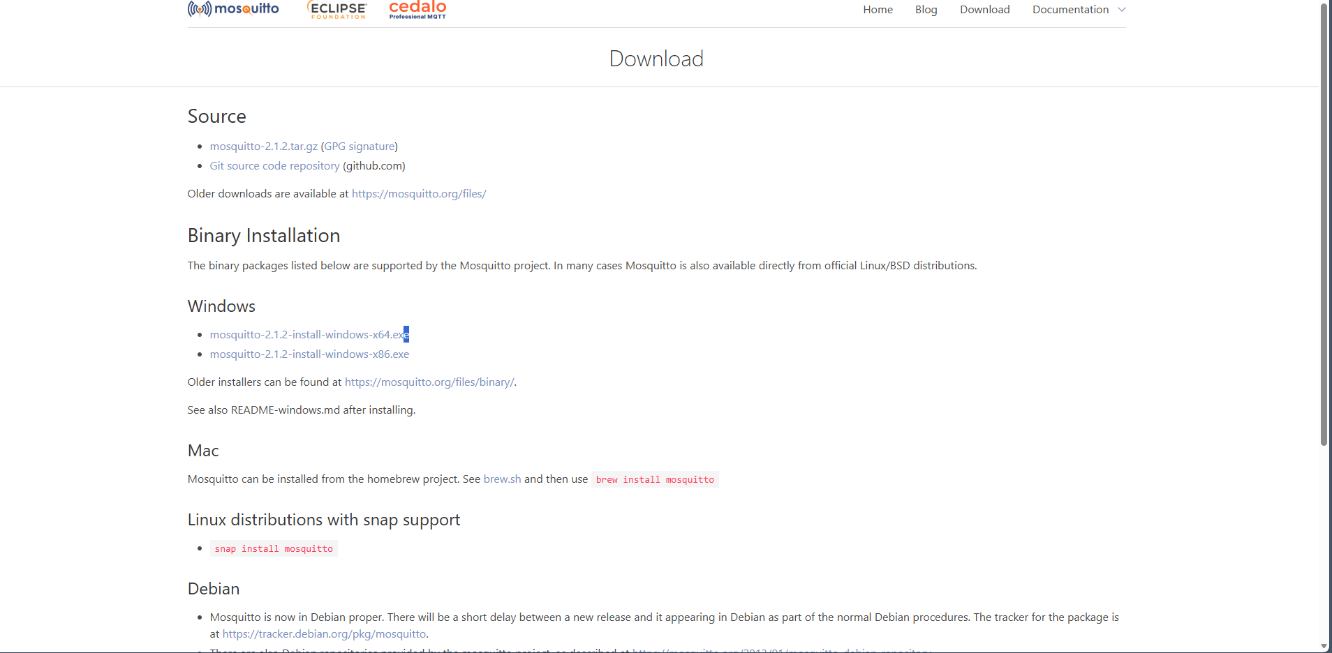 Eclipse Mosquitto download page showing the Windows x64 installer