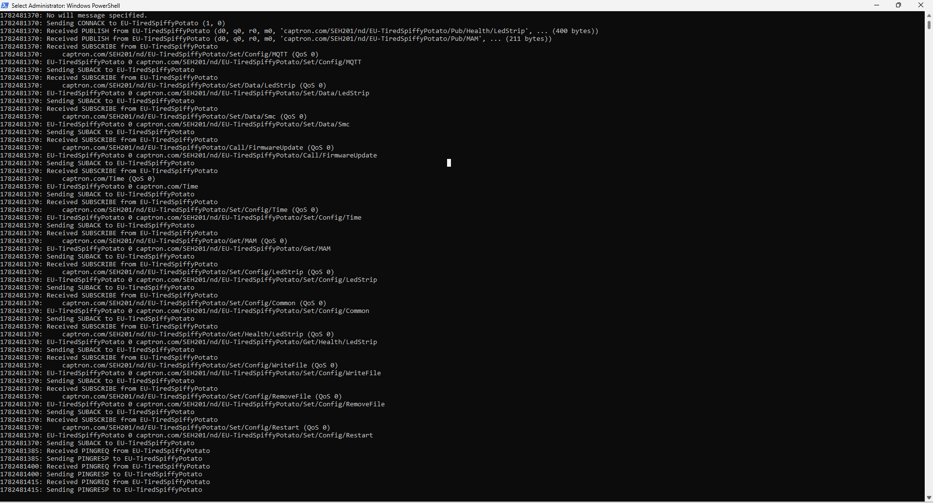 Broker terminal showing the SEH201 connecting and exchanging setup messages