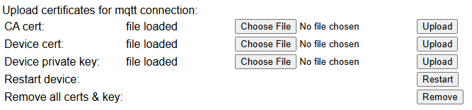 Bereich zum Hochladen von Zertifikaten auf der Web-Setup-Seite mit den Zeilen CA cert, Device cert und Device private key, jeweils mit Dateiauswahl und Upload-Schaltfläche, sowie Restart- und Remove-Steuerelementen